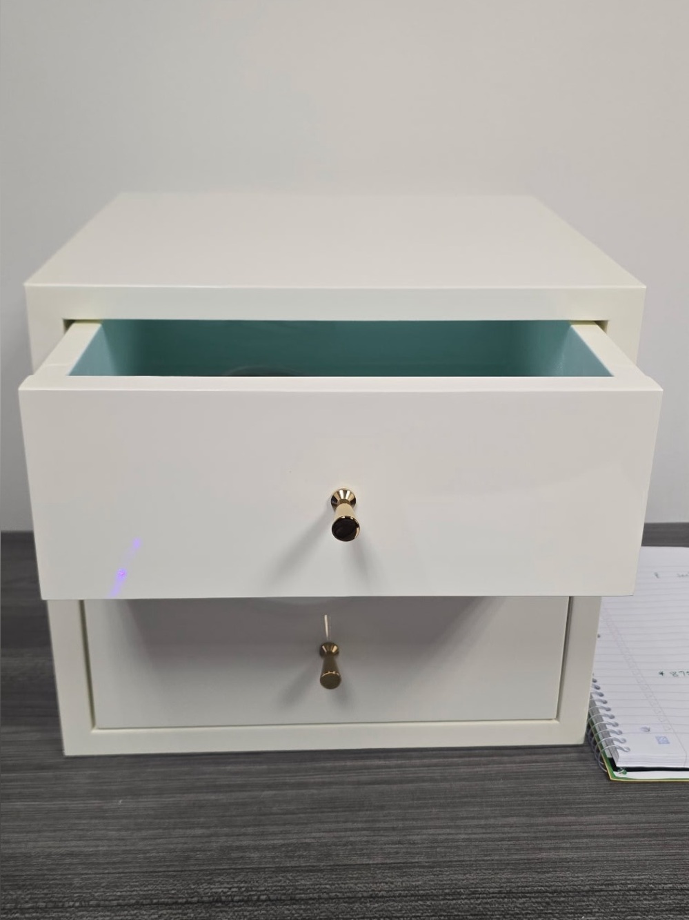 White Two-Drawer Storage Organizer with Blue Interior ( 1 Stack )
